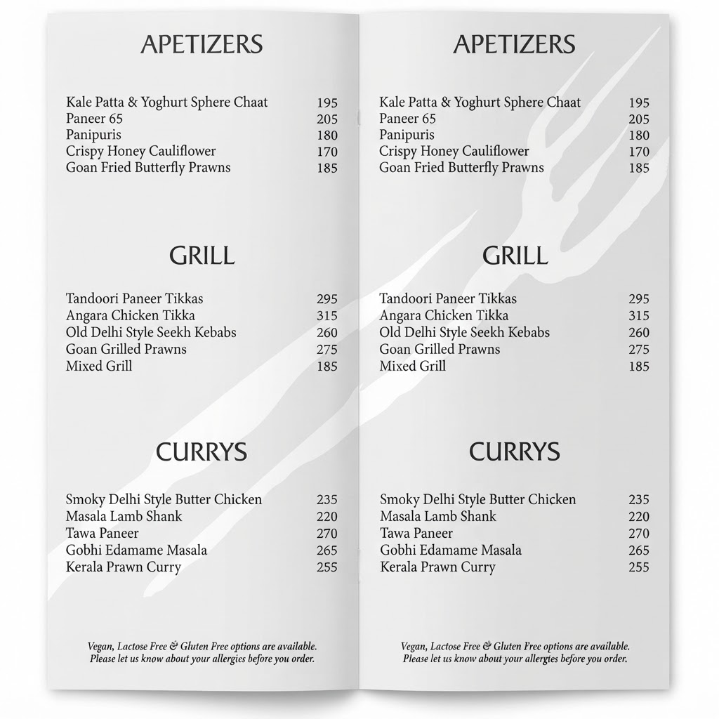 The in-house menu — starters, grill and curries