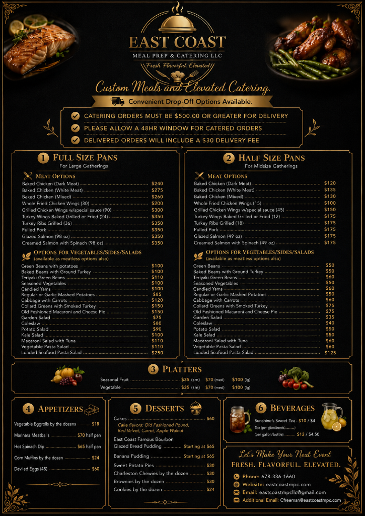 East Coast Meal Prep & Catering Menu