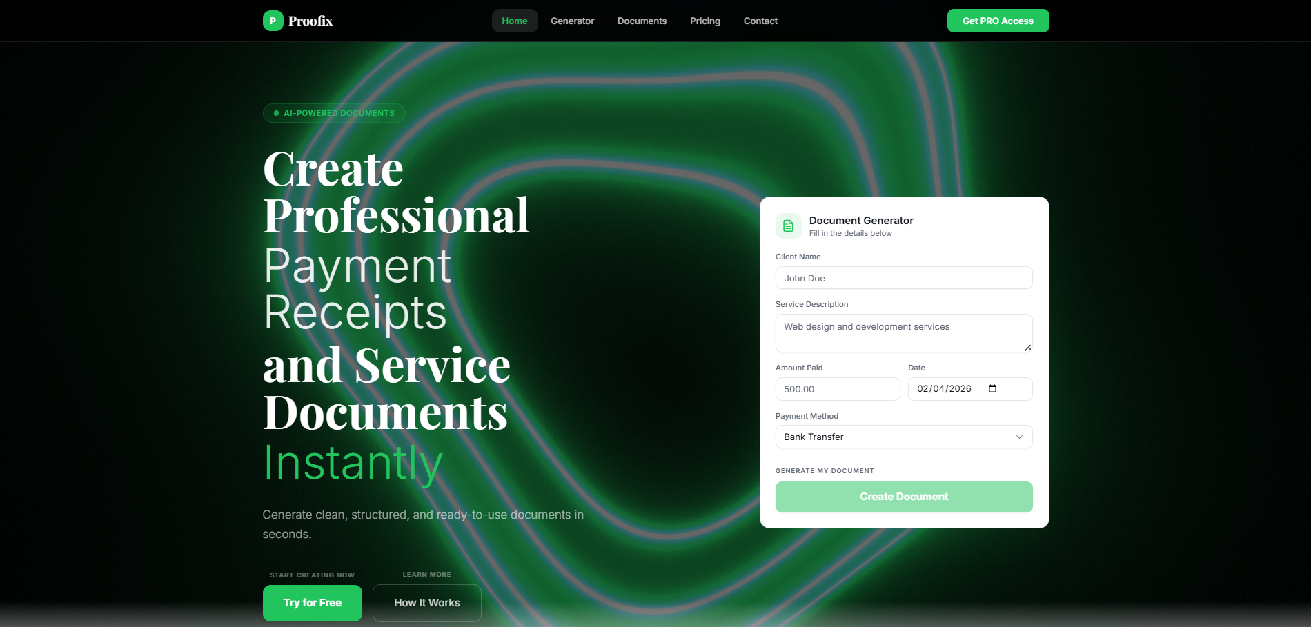 Proofix — Receipt & Service Document Generator template preview