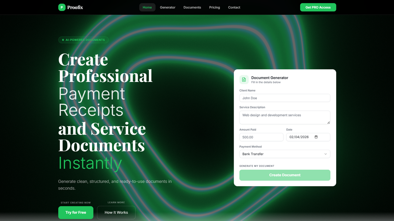 Proofix — Receipt & Service Document Generator template preview