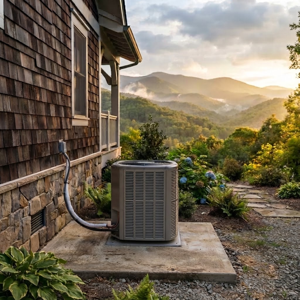 HVAC condenser unit outside a mountain home with Appalachian Mountains backdrop in the NC High Country