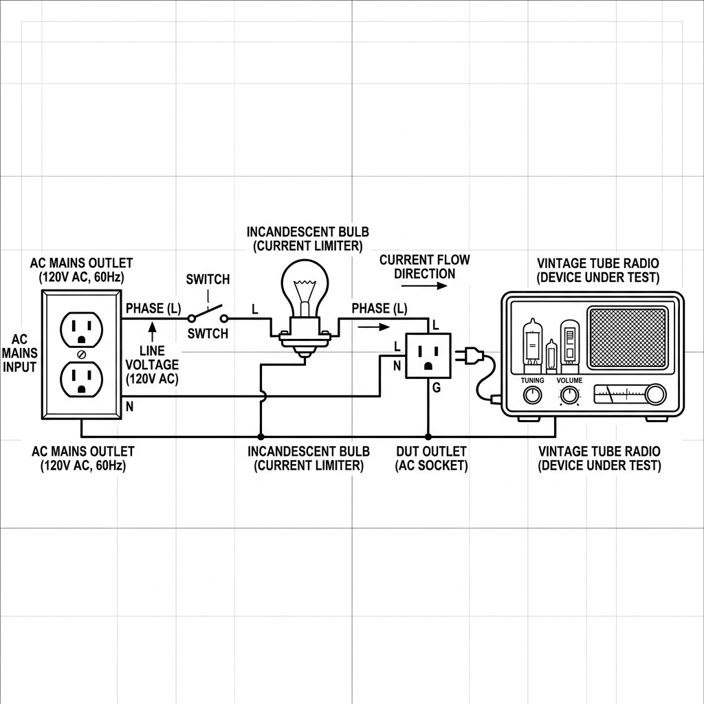 Circuit diagram of a dim bulb tester showing AC outlet, incandescent bulb, and DUT outlet in series