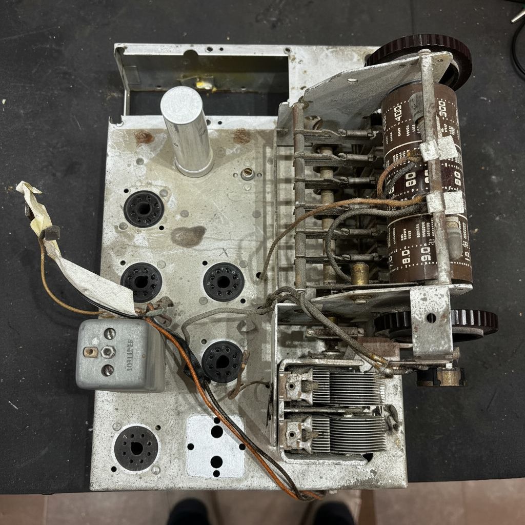 Heavily corroded and oxidized radio chassis as received