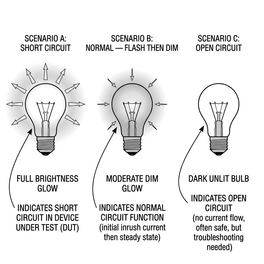 Three scenarios: Scenario A bright constant glow (short circuit), Scenario B flash then dim (normal), Scenario C no glow (open circuit)