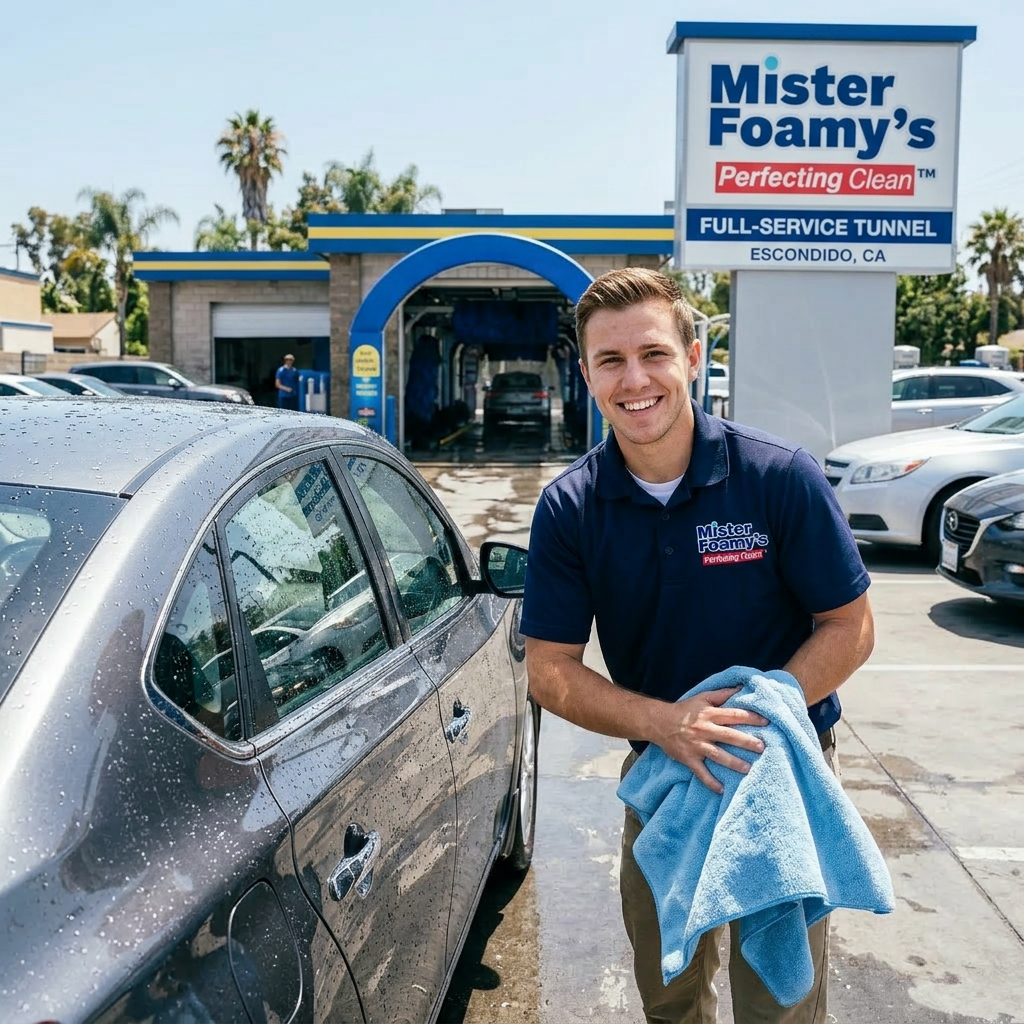 A gleaming sedan being hand-dried by a Mister Foamy's technician at the full-service tunnel car wash in Escondido