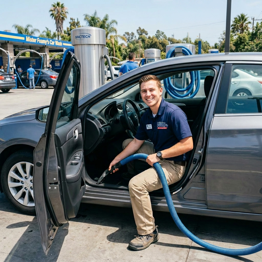 A Mister Foamy's team member in a navy polo shirt and khaki pants at the vacuum station