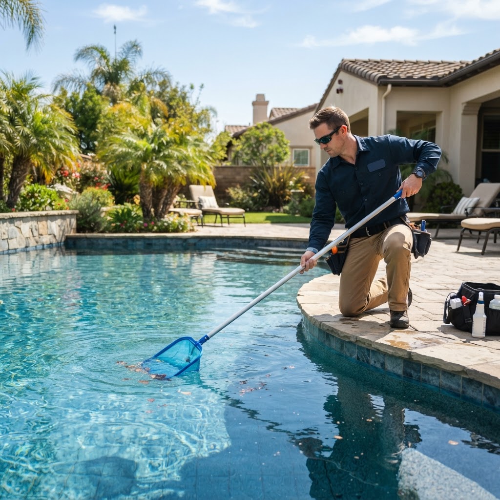Pool technician servicing a residential swimming pool on a sunny day