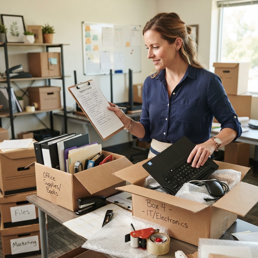 Business owner reviewing a migration checklist while packing office materials