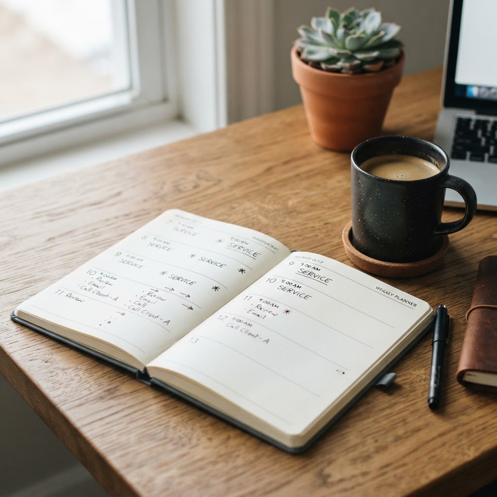 Calendar planner open on a desk representing recurring service scheduling