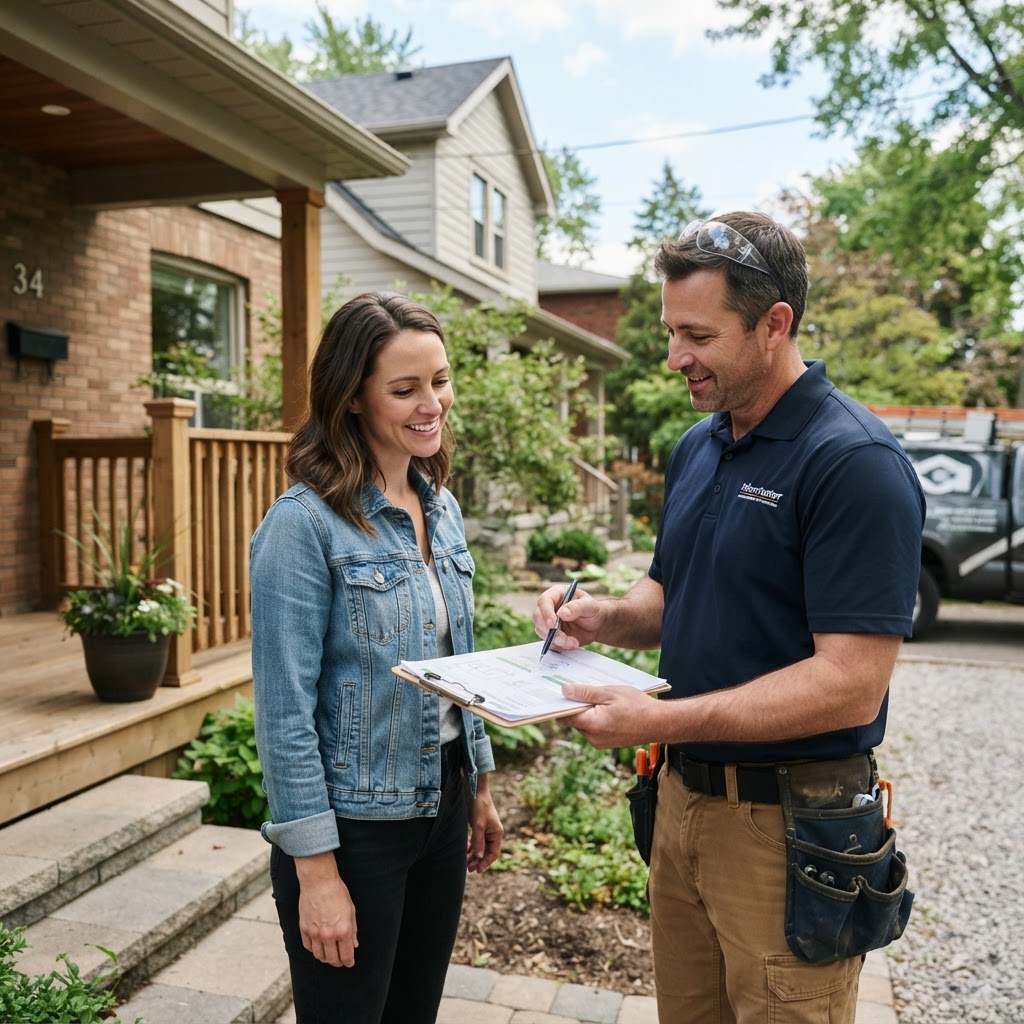 Contractor reviewing an estimate with a homeowner at a residential property