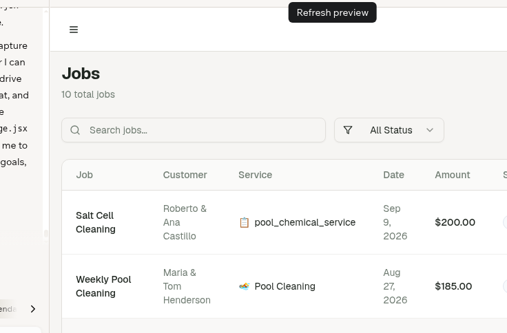 CrewField jobs page showing assigned technicians, status, and scheduled dates
