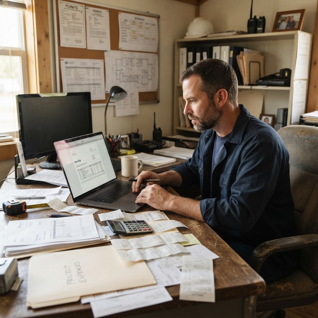 Contractor reviewing a field service invoice on a laptop at a desk