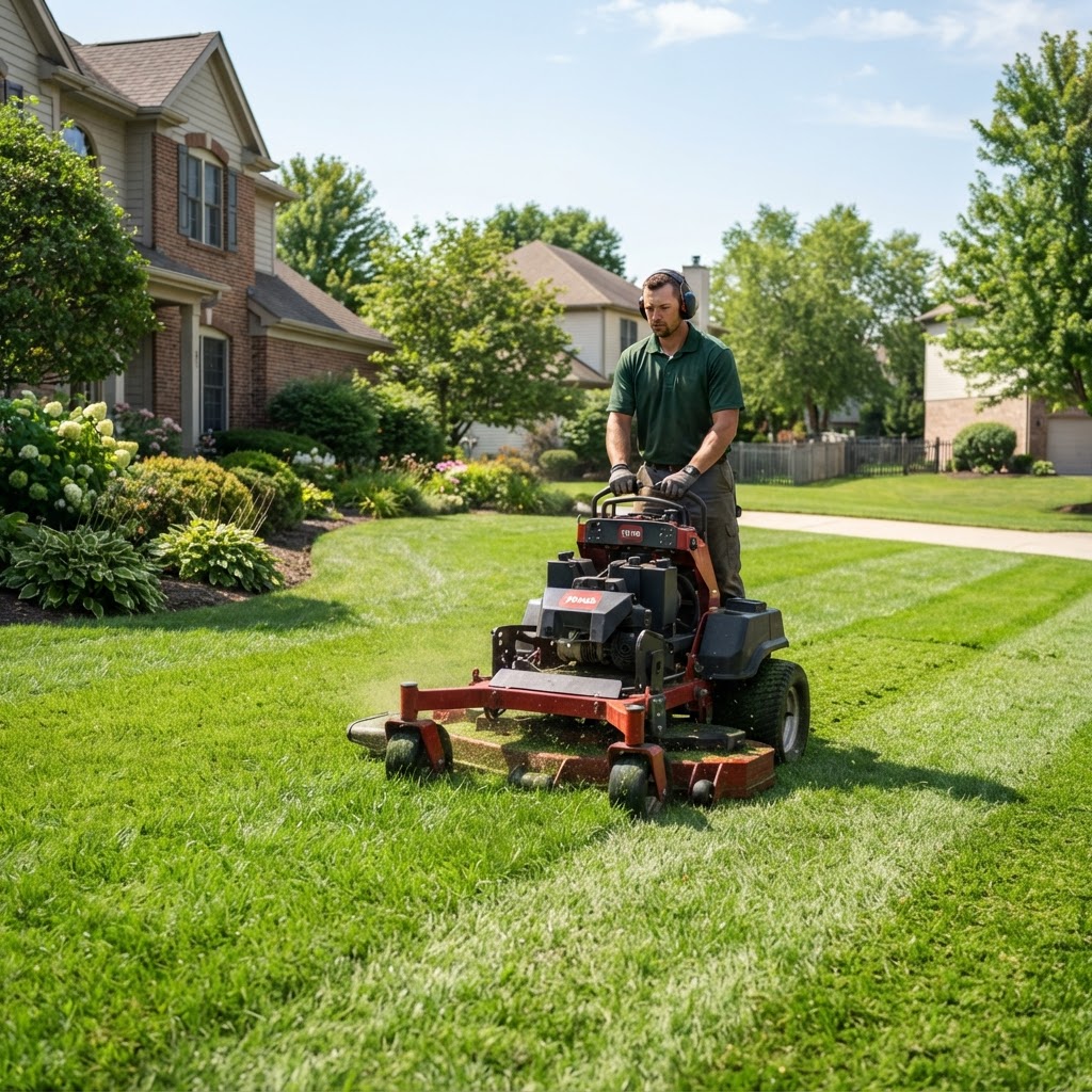 Lawn care worker mowing a green residential lawn