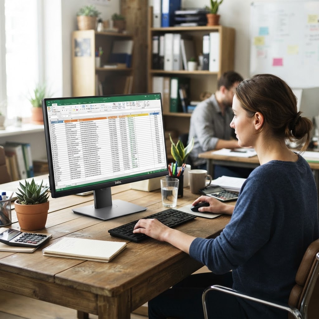 Spreadsheet customer data open on a computer in a small business office
