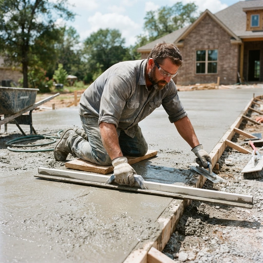 A concrete and masonry crew finishing a residential driveway on a sunny day