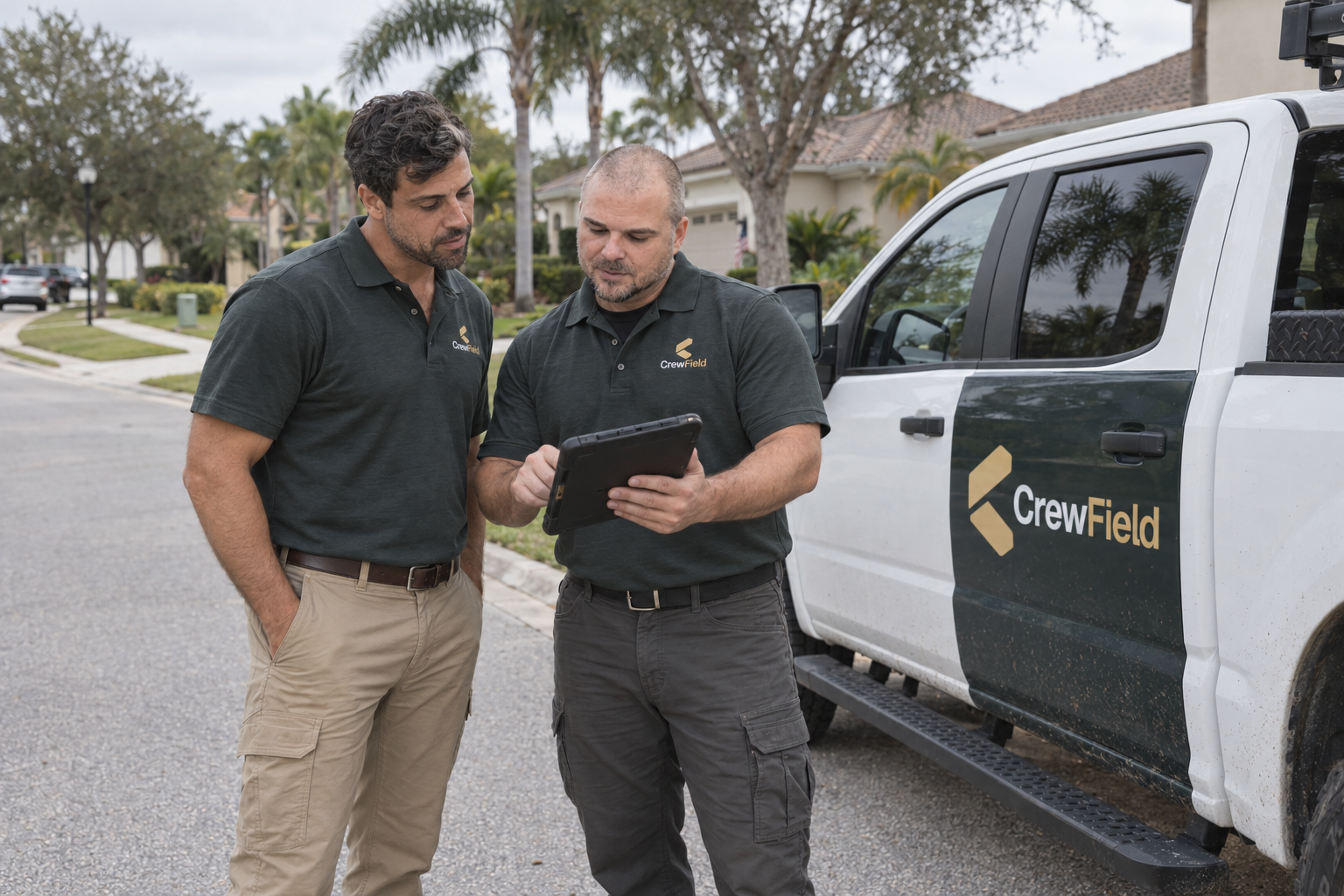 Two CrewField crew members in branded green polos reviewing a rugged tablet beside a branded white pickup truck on a residential street