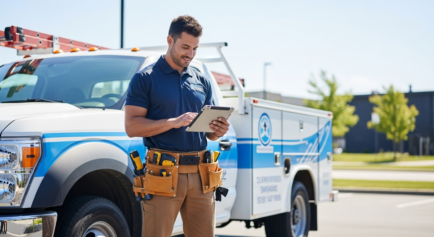 A CrewField contractor using a rugged tablet in the field beside a branded white pickup truck