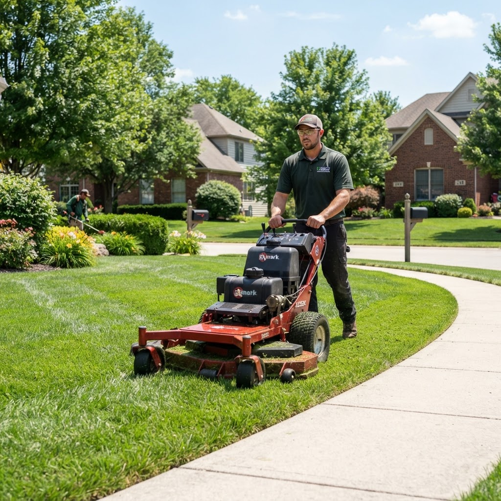 A landscaping crew working outdoors on a residential property on a sunny Florida day