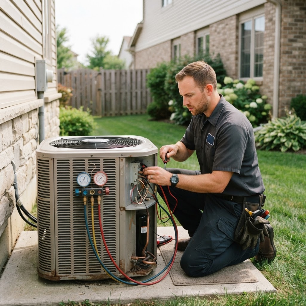 HVAC technician servicing an outdoor air conditioning unit at a home