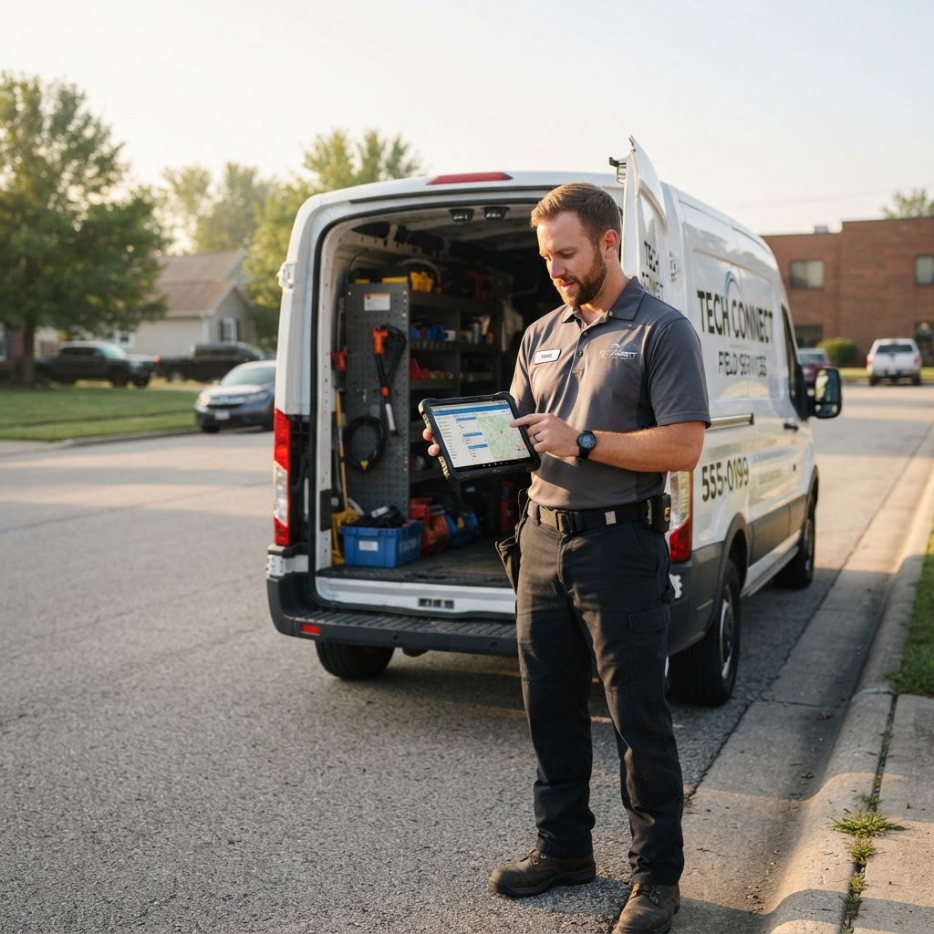 Field technician reviewing the day's schedule on a tablet beside a service van