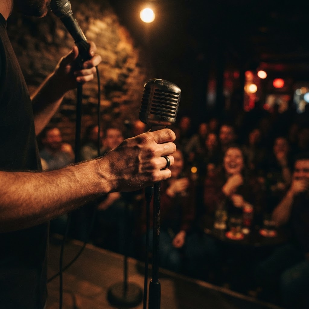 Comedian up close under a warm spotlight at the Clock Tower Comedy Room