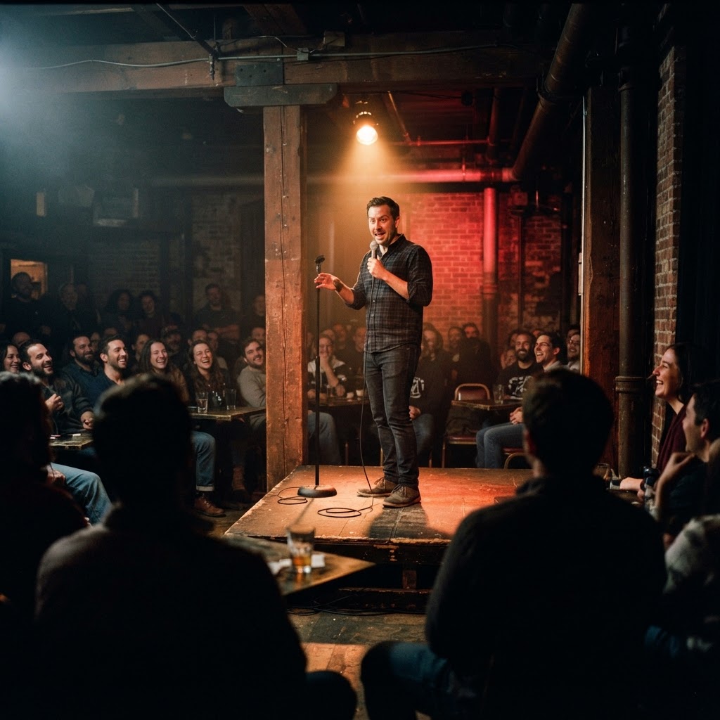 Comedian on stage at the Clock Tower Comedy Room