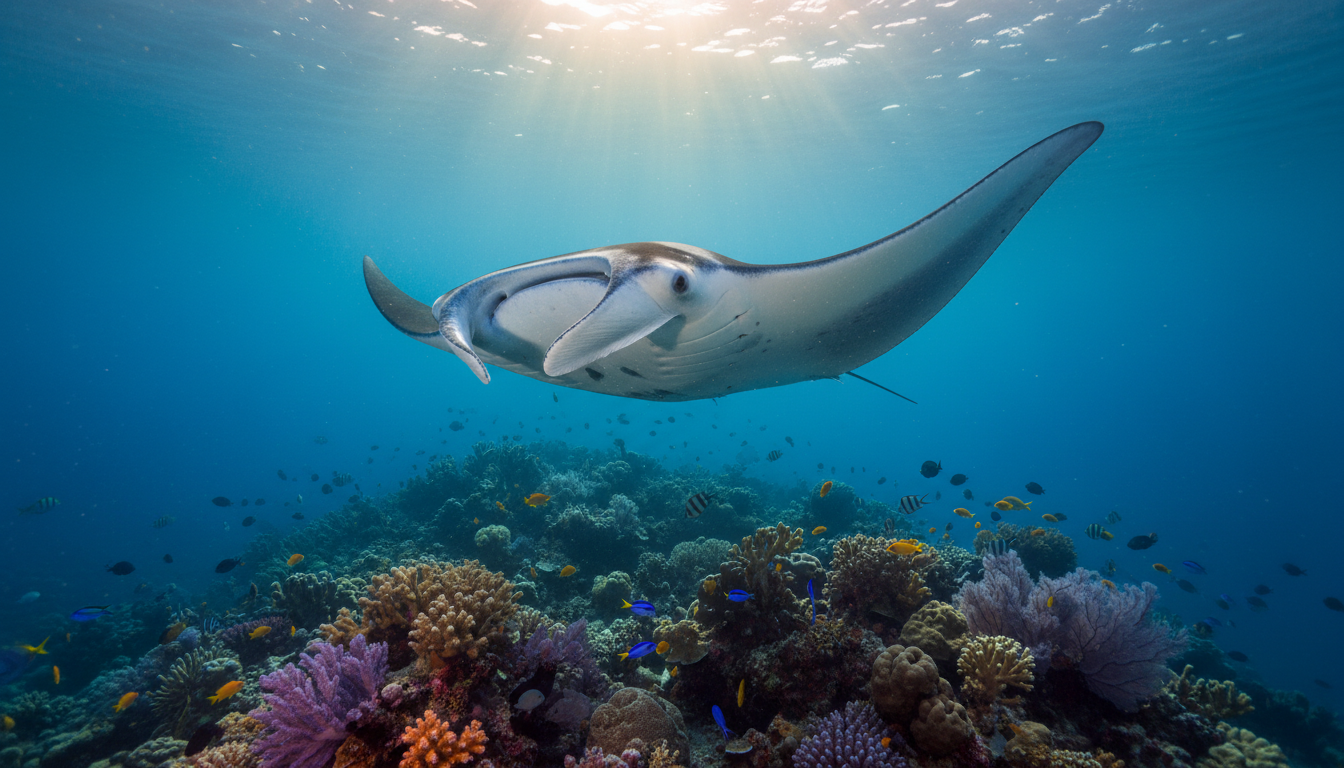 Underwater manta ray in deep blue ocean
