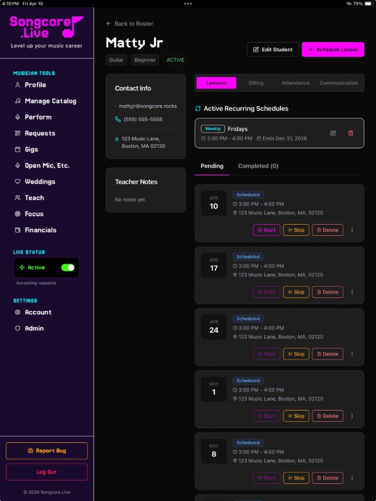 music lesson management dashboard showing student scheduling and lesson tracking