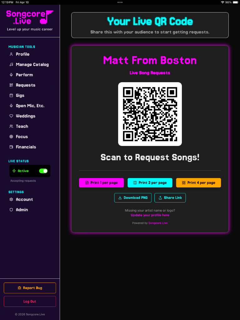 QR code song request system for live musicians showing mobile audience requests