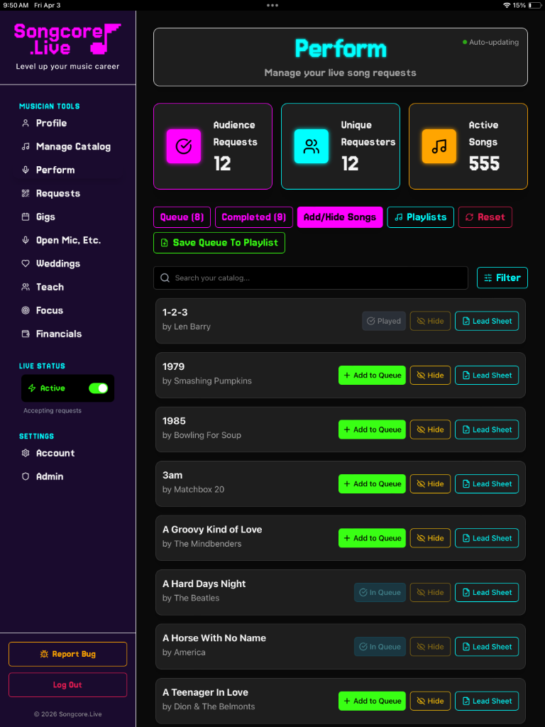 Screenshot of the Songcore.Live Perform dashboard showing the live request queue.
