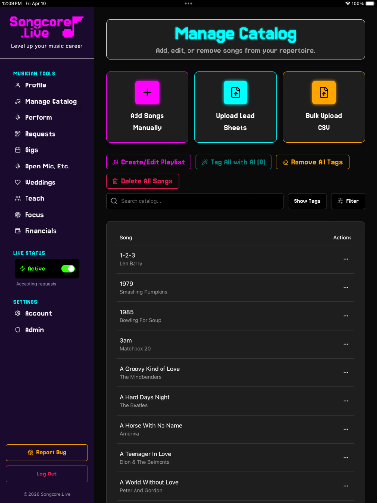 music catalog management dashboard showing repertoire organization, playlists, and song metadata