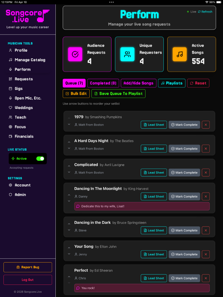live performance dashboard for musicians showing song requests, playlists, and tip tracking