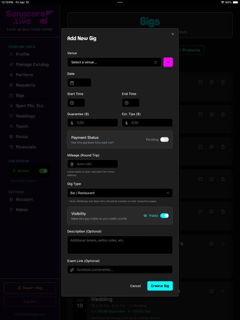 gig management dashboard showing calendar and booking details for musicians