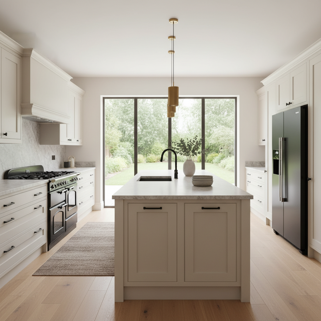 Bespoke fitted kitchen with cashmere shaker doors and black appliances and hardware