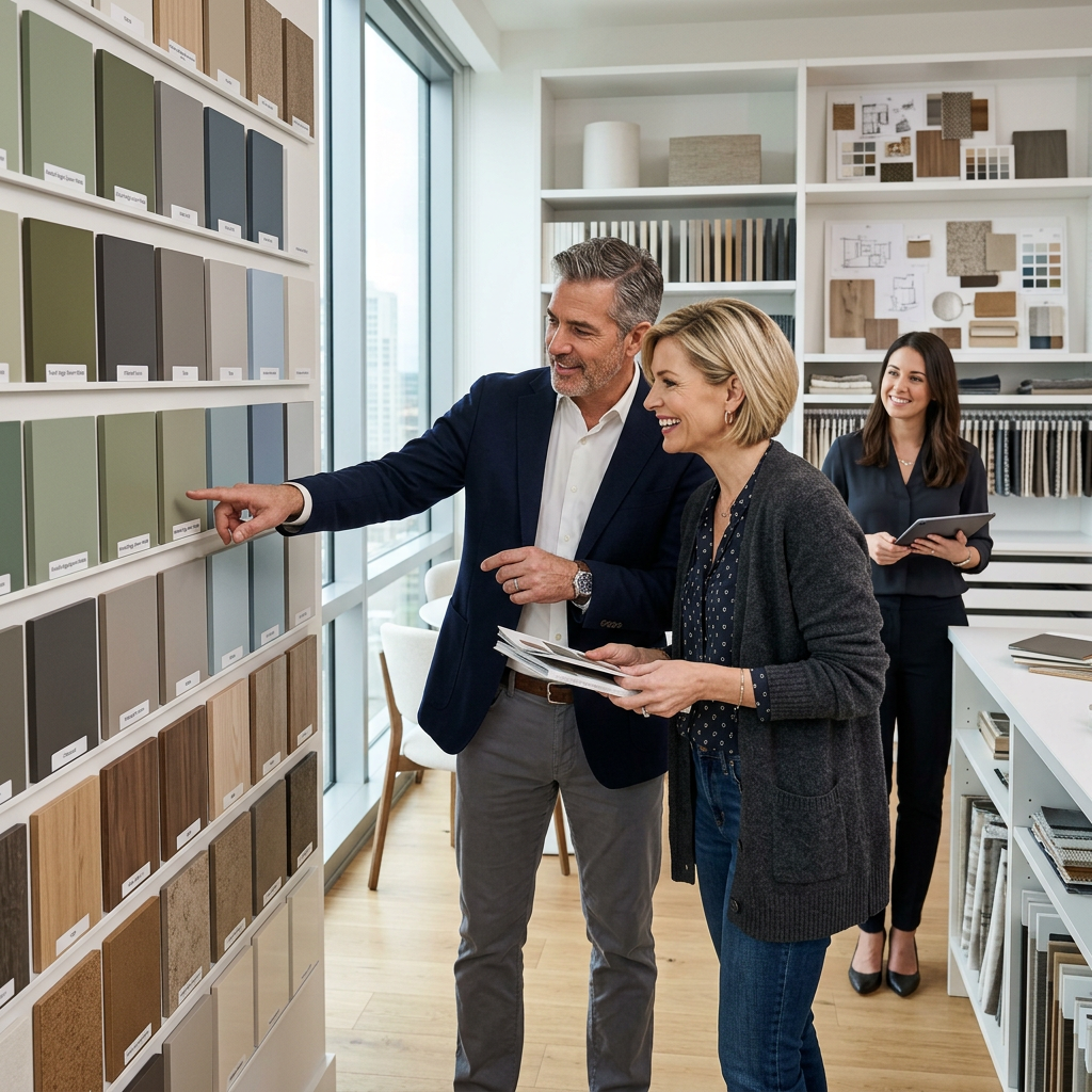 Couple choosing board finishes in a modern design studio with display of laminated boards