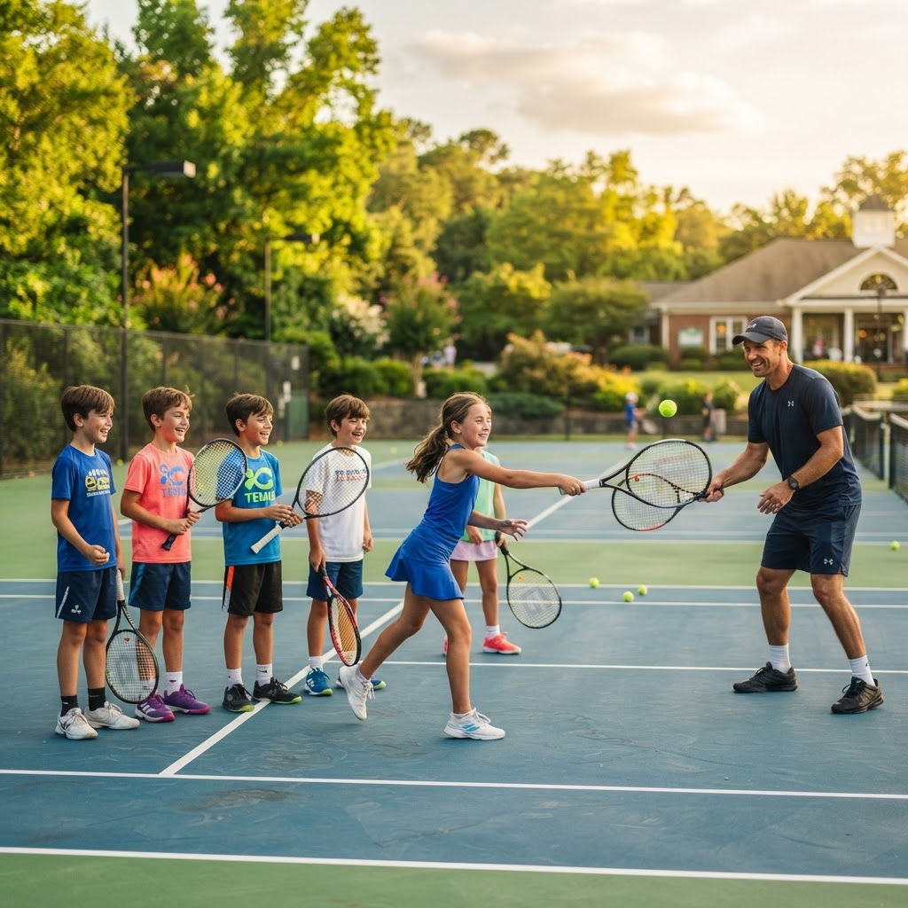 Tweens playing tennis with a coach