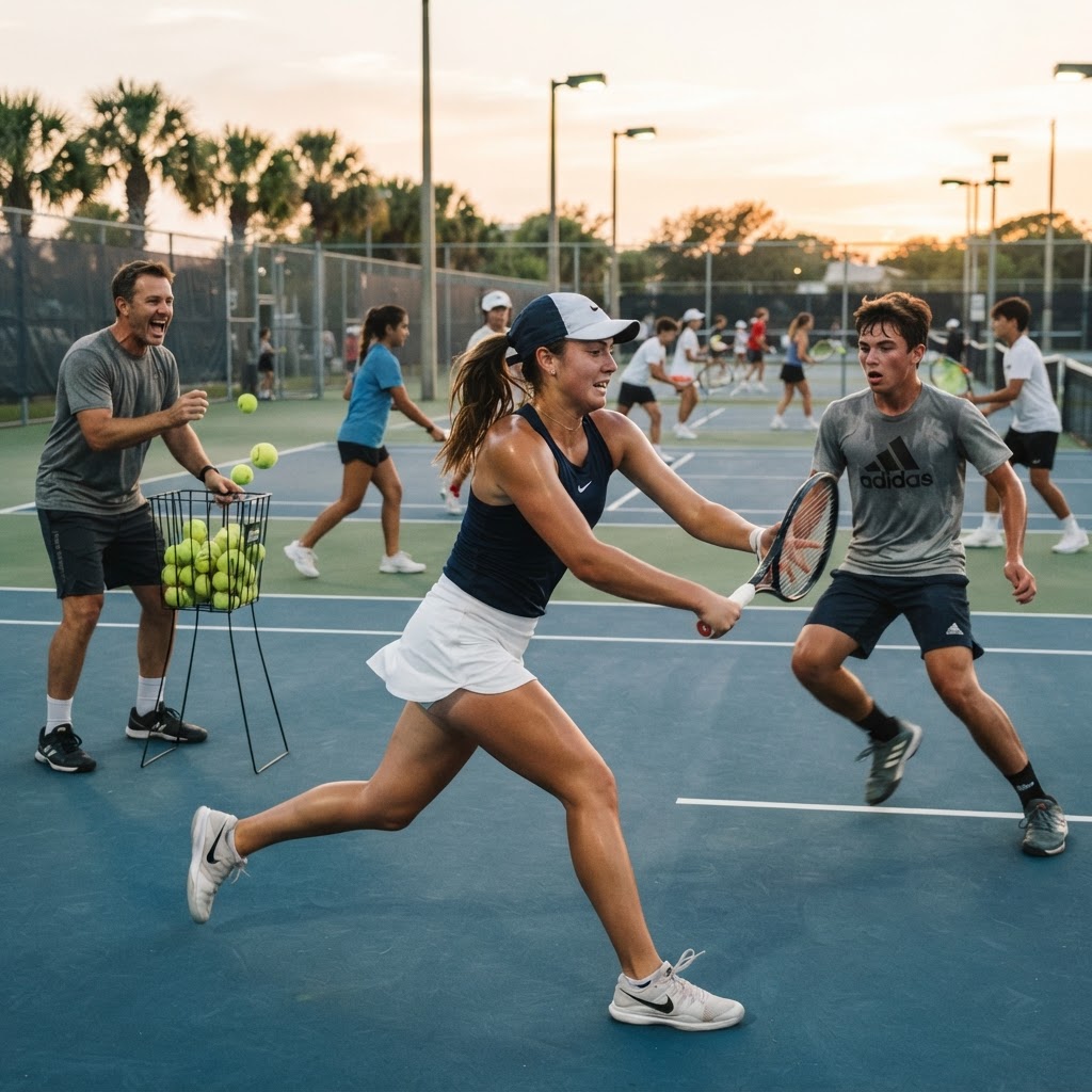 Teens playing high intensity tennis