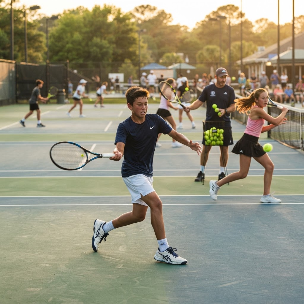 Teens doing advanced tennis training