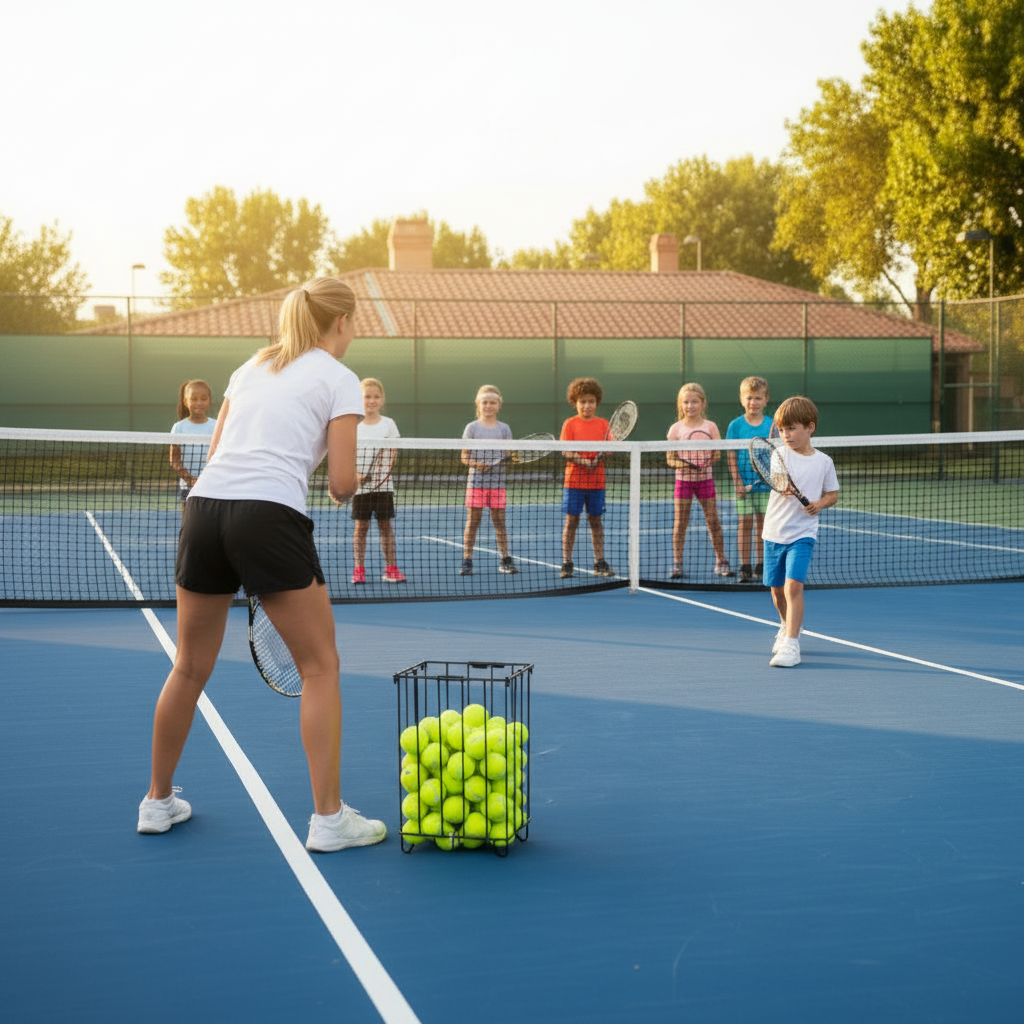 Young children playing tennis in a group camp setting