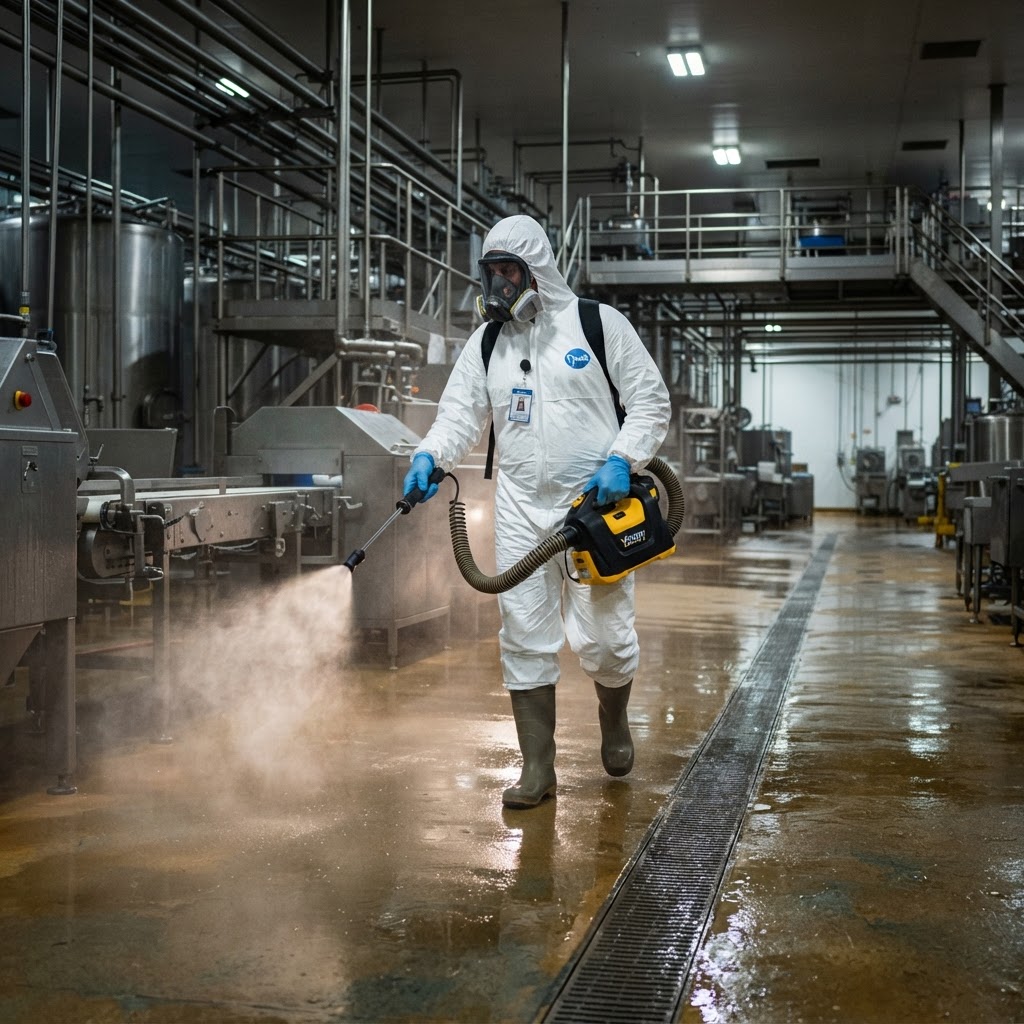 Sanitation worker disinfecting a food processing floor with a fogger