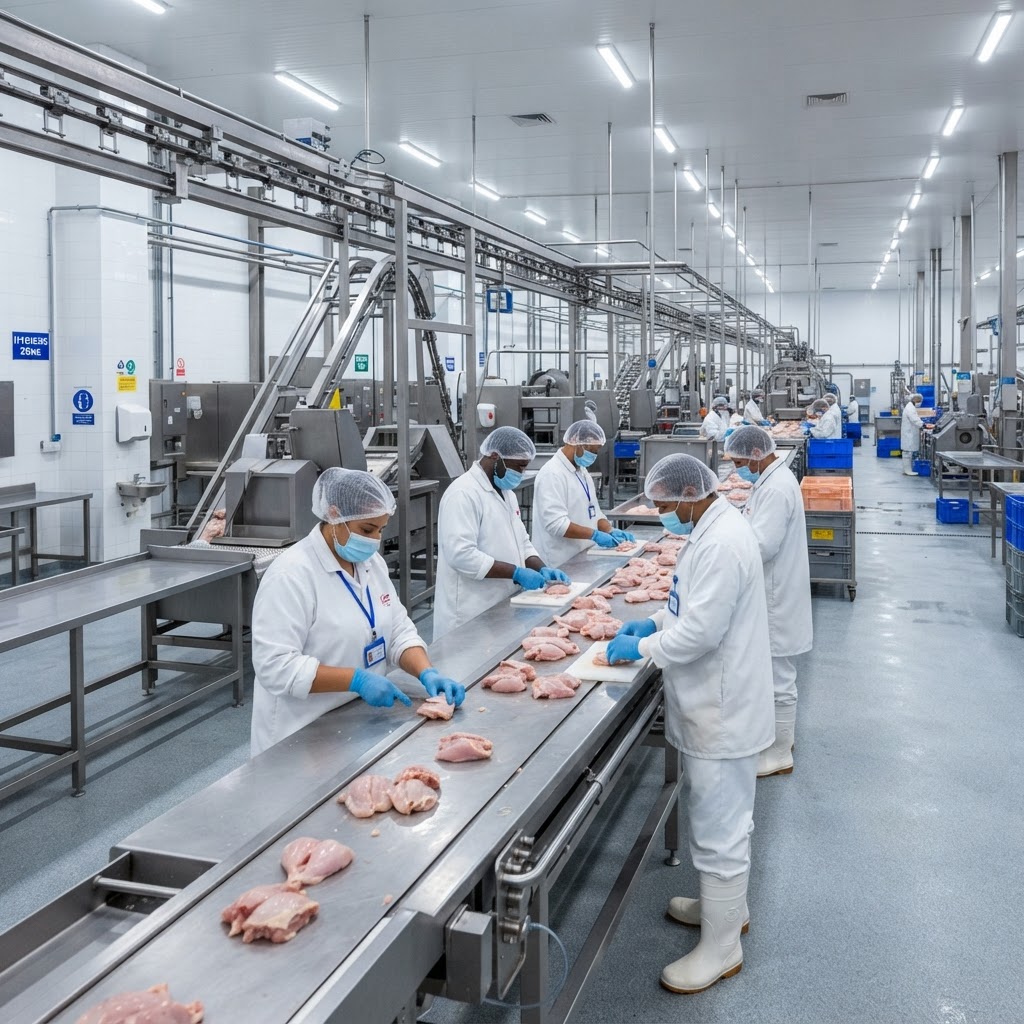 Modern meat processing facility with stainless steel conveyor line