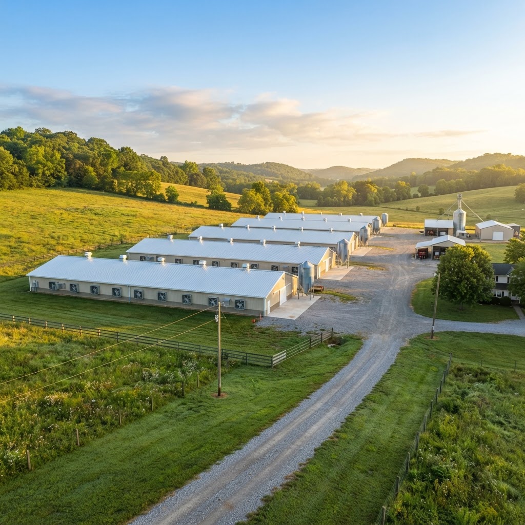 Modern poultry farm with broiler barns at sunrise