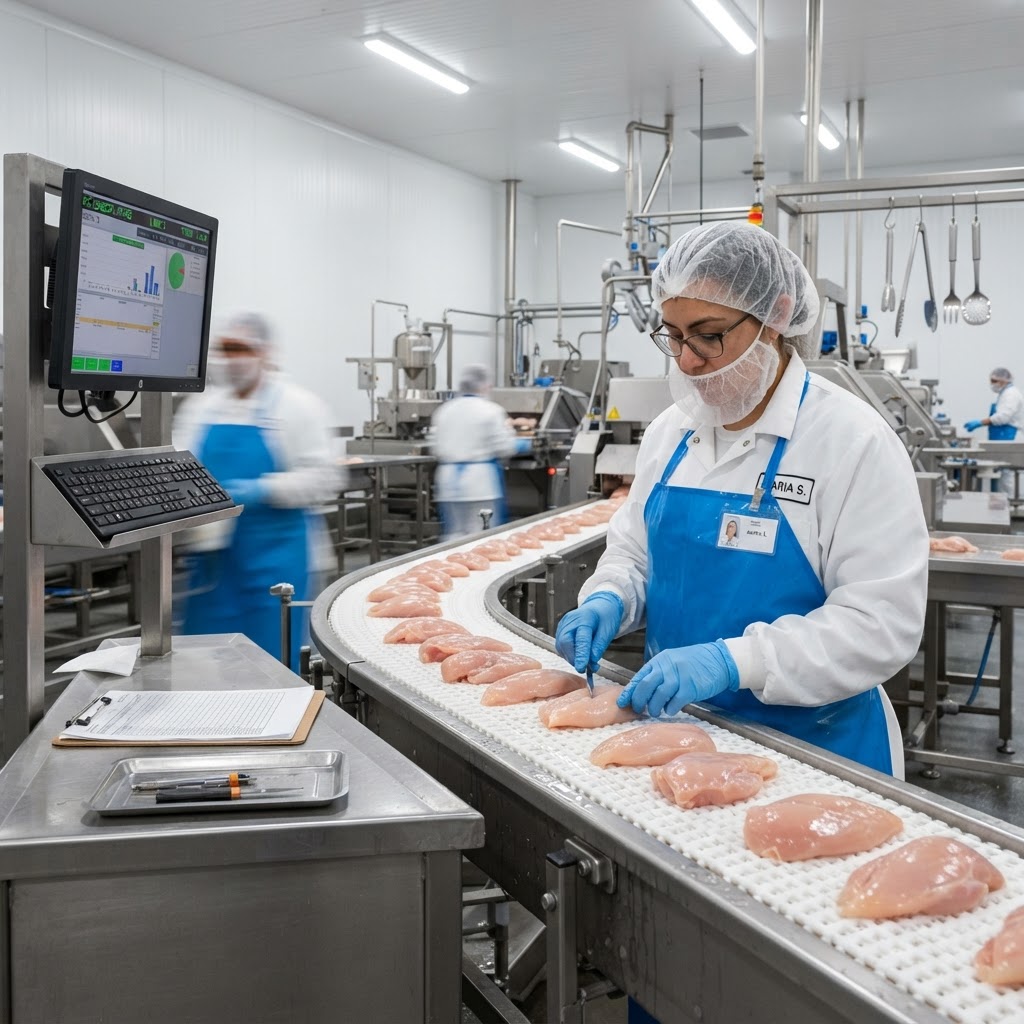 Quality control station inspecting chicken products on a conveyor