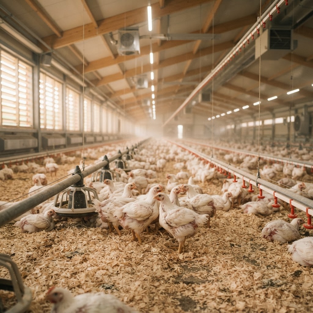 Interior of a modern commercial poultry barn with rows of broiler chickens