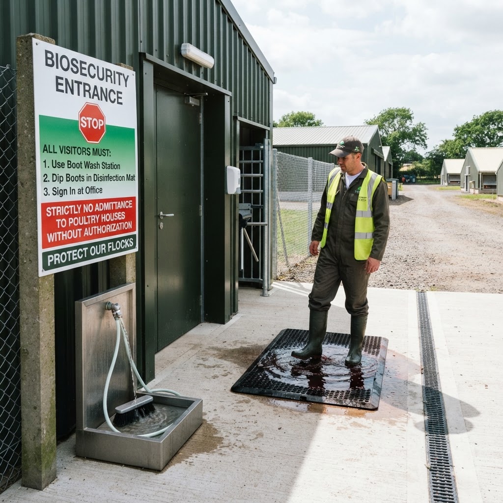 Poultry farm biosecurity entrance with footbath and boot wash station