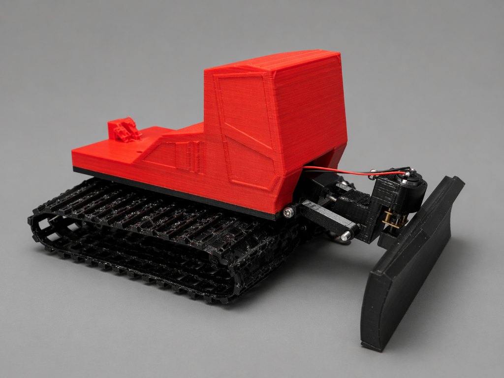 RC Snowcat – Custom 3D Printed Tracked Vehicle (V1 Prototype) – A fully functional, compact RC snowcat optimized for real-world snow performance. Custom PCB, dual-axis blade, tank steering, and Xbox controller support — all from scratch.