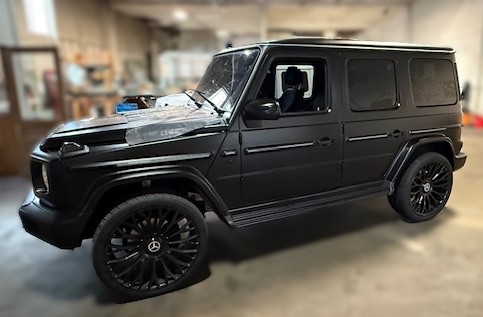 Matte black Mercedes-Benz G-Wagon G-Class at Capitol Glass shop