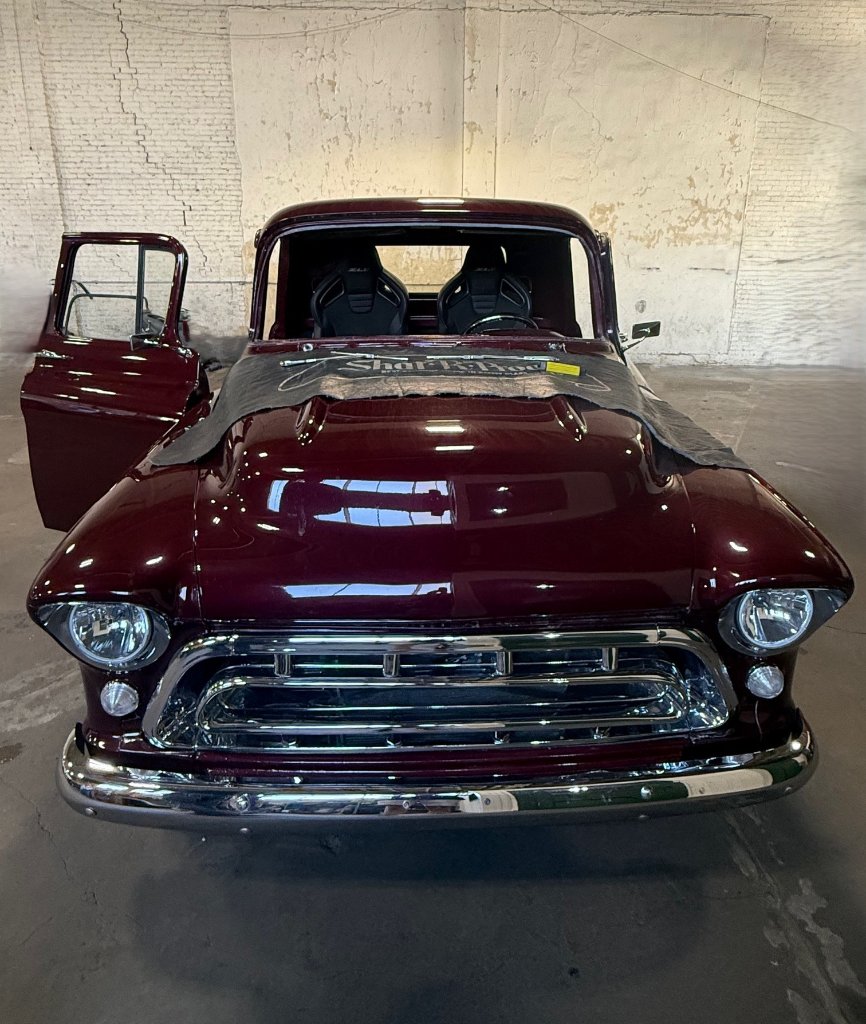 Burgundy 1957 Chevy custom pickup truck glass service at Capitol Glass