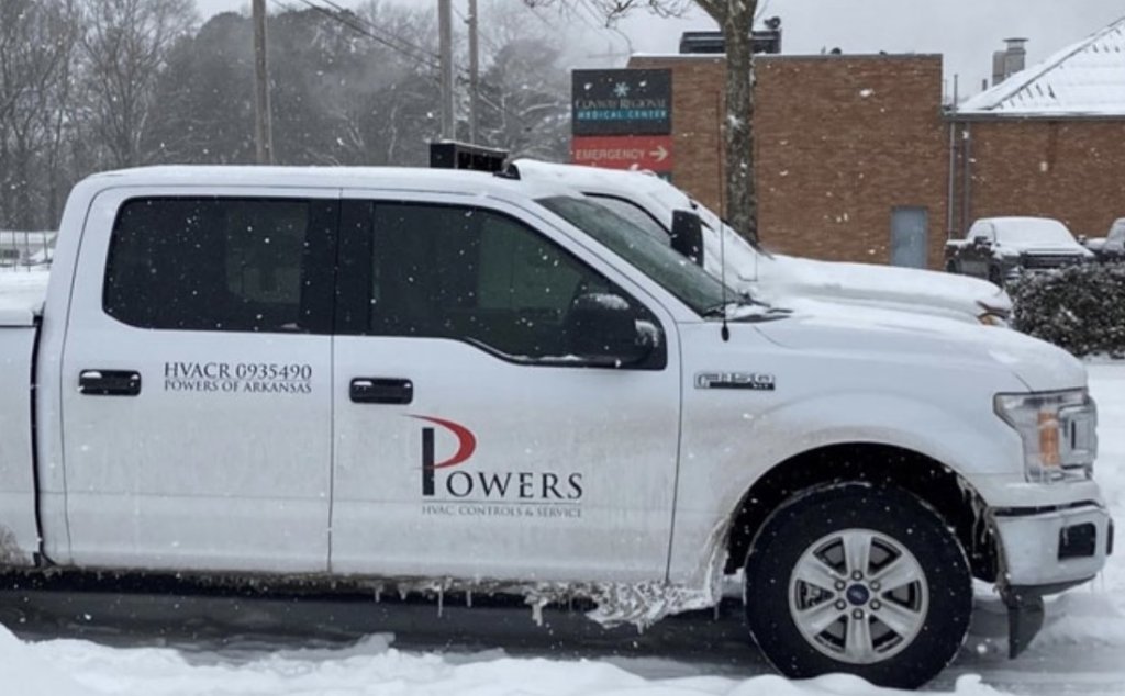 Powers HVAC Controls white Ford F-150 fleet truck in snow
