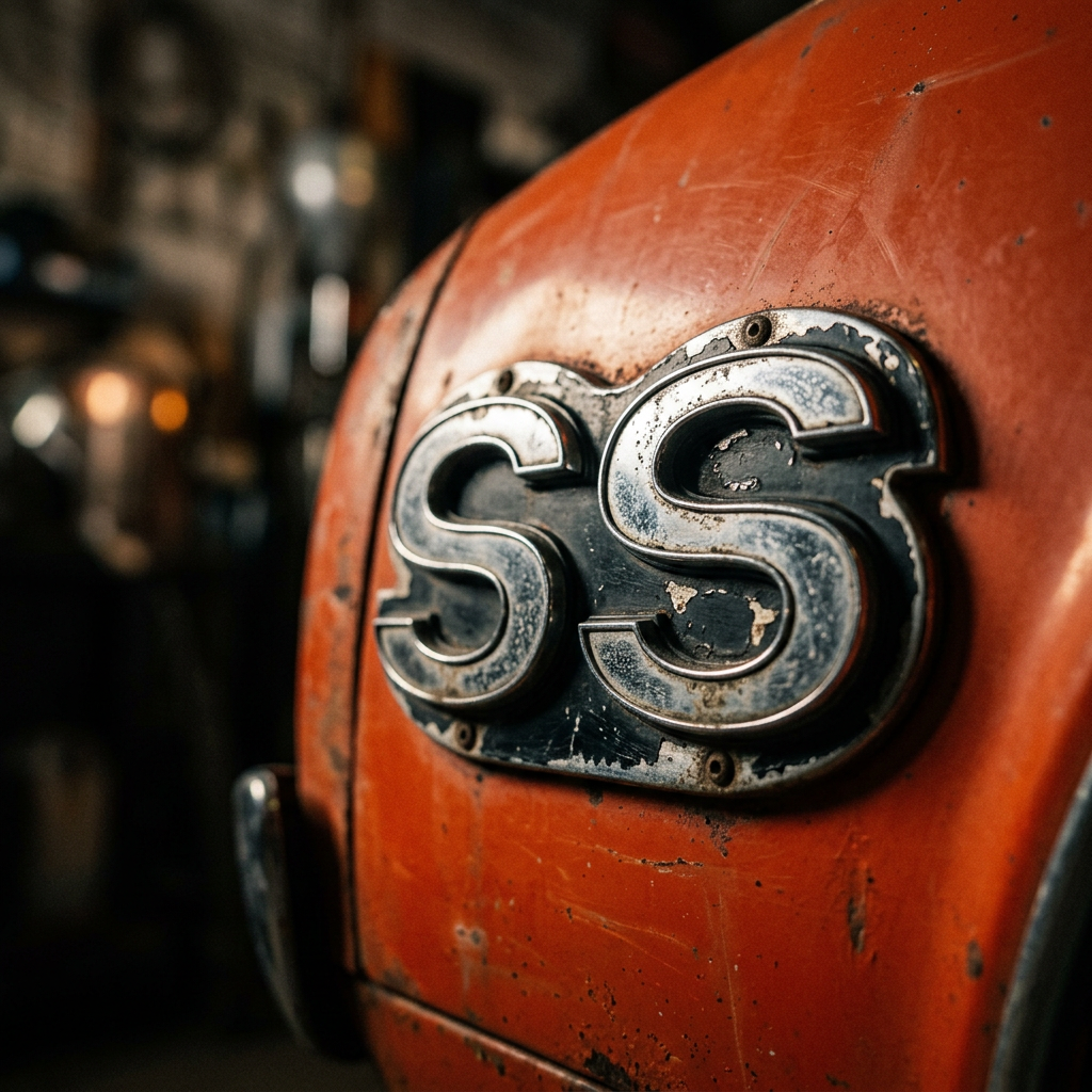 Chrome SS badge on 1969 Chevrolet Camaro SS fender, close-up detail